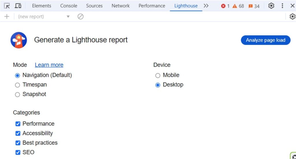 Generowanie raportu w Lighthouse (w Chrome DevTools)