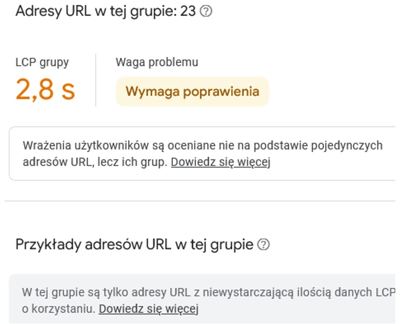 Średni wynik LCP dla wybranej grupy podstron w raporcie z narzędzia GSC